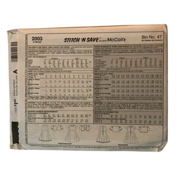Vintage McCall's Sewing Pattern 2003 Stitch 'n Save Girls Jacket Dress Size 7-14 - Picture 2 of 2